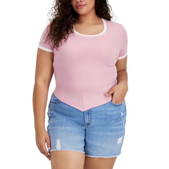 Just Polly Women's Plus Size Trendy Asymmetrical Tee in Light Pink/White 2X $24 - Picture 1 of 4